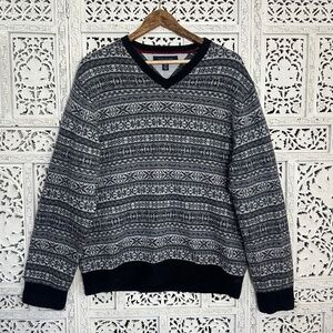 Tommy Hilfiger Fair Isle‎ Gray Lambswool Blend V Neck Sweater Mens XL